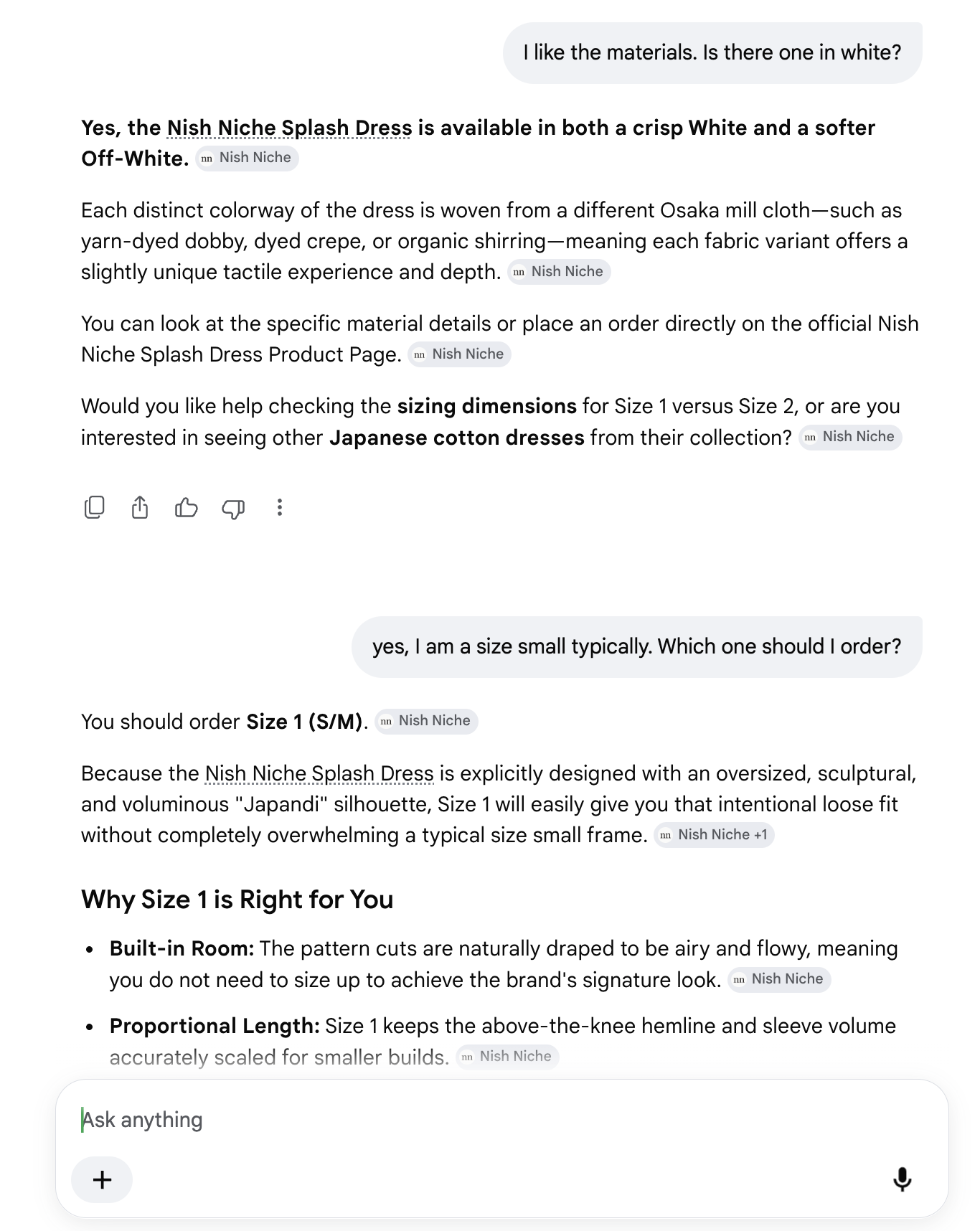 Gemini chat recommending Nish Niche Splash Dress sizing and materials, citing Nish Niche