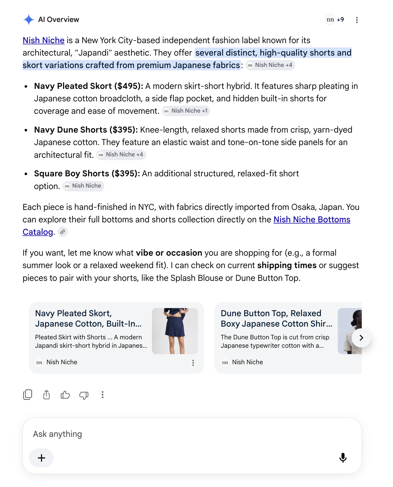 Gemini AI Overview answering a shopping question about Nish Niche with product details and links