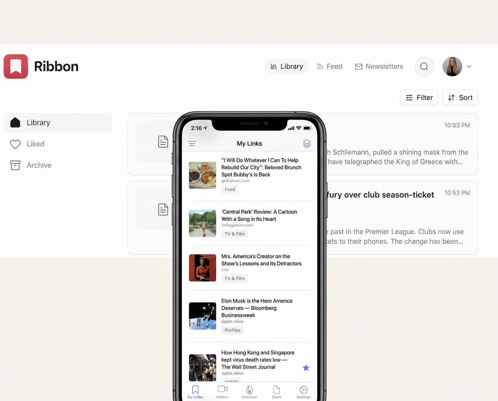 Ribbon read-it-later app interface designed by Gara